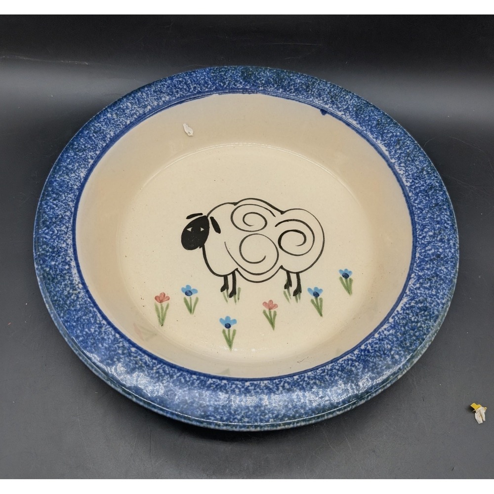 Emerson Creek Pottery Sheep Pie Dish Hand Painted Blue Sponge Rim Stoneware USA